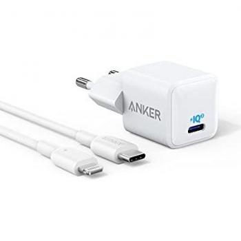 Cargador Anker Nano 20W PIQ 3.0 Carga Rápida y Cable de Carga USB-C a Lightning de 180 cm, Cargador USB-C PowerPort III para iPhone 12/12 Mini/12 Pro/12 Pro MAX/iPad Pro/AirPods Pro
