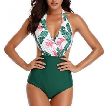 Mujer V-Cuello Trajes de baño Halter Una Pieza Push-up Acolchado Bra una Pieza Verde M