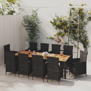 11-Piece Black Poly Rattan Outdoor Dining Set with Cushions