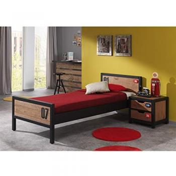 Cama juvenil Vipack Alex 90x200 cm con sommier y mesita de noche de 2 cajones en color negro y madera