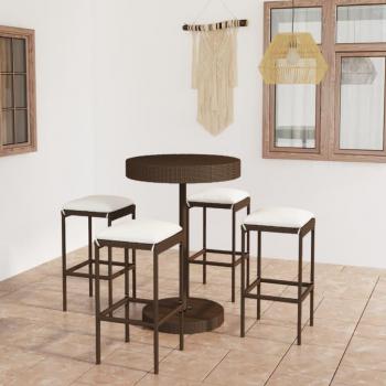 5-Piece Brown Poly Rattan Garden Bar Set with Cushions