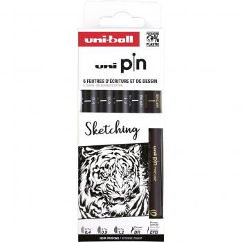 Rotuladores calibrados Uni Pin Sketching - Pack de 5 rotuladores (0.4, 0.9, 1.2, brush y efb) - Punta poliacetal - Tinta pigmentada resistente al agua