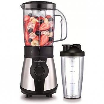 Moulinex Blend&Go LM1B1D - Batidora de vaso de 300 W, batidora smoothie con jarra de plástico de 750 ml, incluye botella portátil de 750 ml, 4 cuchillas extraíbles, acabados en acero inoxidable