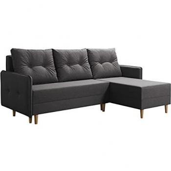 Sofá rinconero Muncie 101, gris, con función de descanso y caja de ropa de cama, dimensiones 222 x 145 x 93 cm