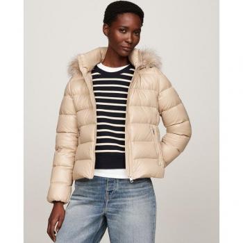 Chaqueta plumífera de mujer Tommy Hilfiger beige con cierre de cremallera, capucha y ajuste regular, nylon reciclado