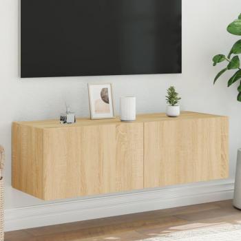 Mueble de TV de pared con luces LED 100x35x31 cm en color roble Sonoma, Marrón, ideal para salón, incluye funcionalidades como almacenamiento y diseño moderno