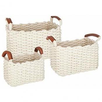 Juego de 3 cestas rectangulares tricot de algodón - blancas con asas