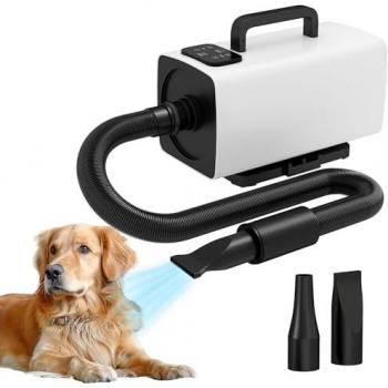 Secador de Pelo para Mascotas PawHut ABS Blanco 2200W con Velocidad y Temperatura Ajustables, 3 Boquillas y Pantalla Digital 34x16x25 cm