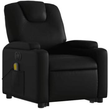 Sillón de masaje elevable eléctrico cuero sintético negro Vidaxl, silla con respaldo y reposabrazos, asiento ajustable, color negro