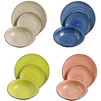 Villa D'Este Baita Light Juego de 12 Platos de Gres Esmaltado Pintado a Mano, en Varios Colores