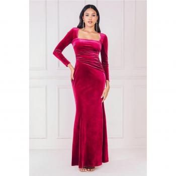 Goddiva Square Neck Gathered Waist Velvet Maxi Dress - Burgundy