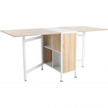 Mesa de Comedor Plegable con Almacenaje y 4 Compartimentos - Blanco/Natural