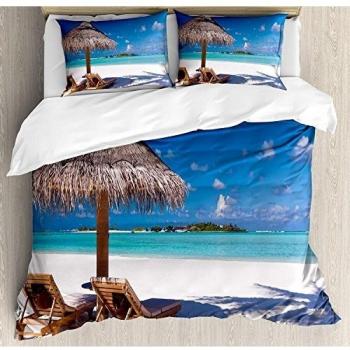 Juego de sábanas Landscape de 3 piezas Juego de funda nórdica, Island Caribbean Honeymoon Themed Beach Seashore Ocean Print, Juego de fundas de edredón / Qulit de 3 piezas con 2 fundas de almohada, ma