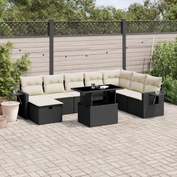 9-Piece Black Poly Rattan Garden Sofa Set with Cushions