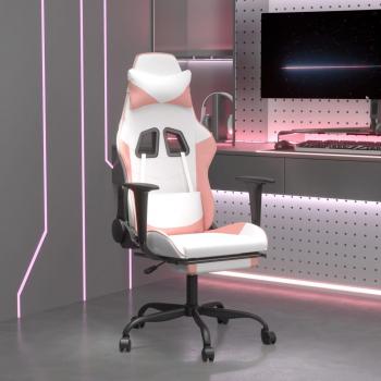 Massage Gaming Chair with Footrest in White and Pink Faux Leather