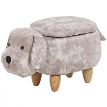 Puf de terciopelo beige con almacenaje para niños, tapizado en terciopelo, patas de madera, diseño animal (perro)