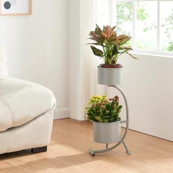 Soporte para Plantas en Forma de C con 2 Maceteros Incluidos - Estantería de Pie Metal Gris Oscuro 63x29x21cm
