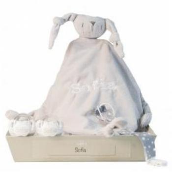 Canastilla personalizada Bebé de París con Doudou y 2 chupetes personalizables