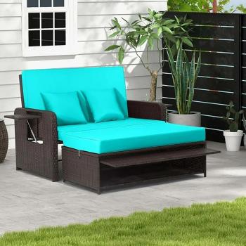 Patio Rattan Daybed with 4-Level Adjustable Backrest & Retractable Side Tray - Rattan Daybed TU