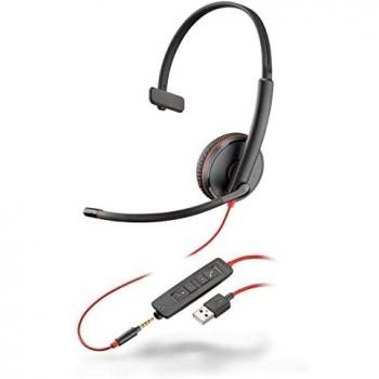 Plantronics, auricular con cable Blackwire 3215 USB-A, de un solo oído, mono, con micrófono de brazo, se conecta a PC o Mac mediante USB-A o a tablet o teléfono celular a través de un conector de AUX