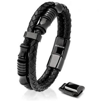 SERASAR 23cm Negro Pulsera de Cuero Hombre Chico Pulseras Hombres Brazalete Brazaletes Pulso Muñequera Muñequeras Bisuteria Bisutería Joyeria Nudos Cuerda Cuerdas Bracelet Men Jewellery Unisex Ancha