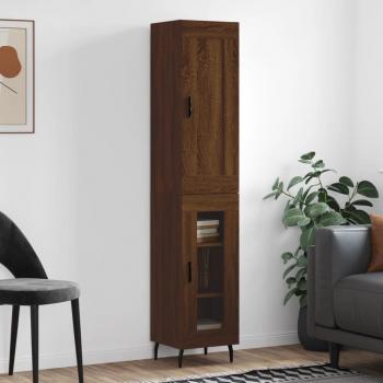Aparador alto de madera contrachapada en color roble marrón, dimensiones 34,5x34x180 cm, con 1 puerta de cristal, ideal como mueble de almacenaje para salón o armario auxiliar