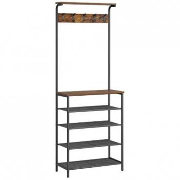 Perchero Zapatero Industrial con 5 Estantes y 5 Ganchos Dobles, Estructura de Acero Negro, Estilo Rústico