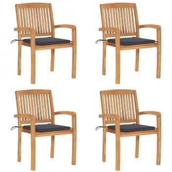 Stackable Garden Chairs with Cushions - Set of 4 Solid Teak Wood