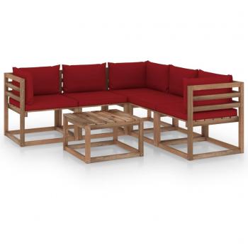 Conjunto de muebles de jardín 6 piezas en pino impregnado con cojines rojos