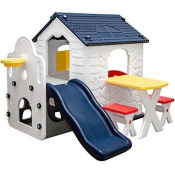 Casa de Juegos LittleTom con Tobogán para Niños a Partir de 1 Año - Cabaña Interior y Exterior, Incluye Mesa y 2 Sillas