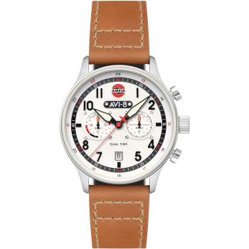 AVI-8 Hawker Hurricane Dual-Time Chronograph Men's Watch Silver Leather Strap White Dial