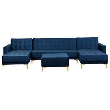 Sofá Cama Esquinero Modular en U de Terciopelo Azul Marino con 5 Plazas y Otomana Chaise Longue