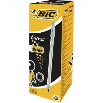 BIC Cristal Shine Bolígrafos Punta Media 1,0 mm - Tinta Negra y Cuerpo Plateado, Caja de 20 Unidades