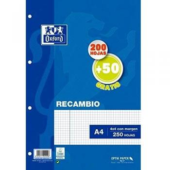 Oxford, Hojas Cuadriculadas A4 Perforadas, Recambio Archivador, 200+50 Hojas, Cuadrícula 4x4, Color Azul