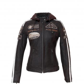 Chaqueta Moto Mujer de Cuero URBAN 5884 '58 LADIES' | Chaqueta Cuero Mujer | Cazadora Moto de Piel de Cordero | Armadura Removible para Espalda, Hombros y Codos Aprobada por la CE |Marrón | XL