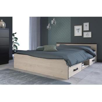 Cama industrial para adultos 140 x 190 cm con decoración en roble y negro, 2 cajones y 1 estante