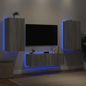 Muebles de TV de pared 3 piezas con luces LED Sonoma gris