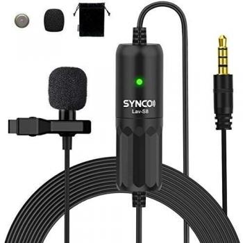 SYNCO S8 8 Metros Lavalier-Microfono-Solapa-Corbata-Condensador Omnidireccional, Clip Microphone Compatible para DSLR Cámaras Reflex, Móviles, Computador Portátil, PC