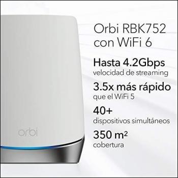 NETGEAR Orbi Mesh WiFi 6 RBK752, sistema tribanda compuesto por 1 router y 1 extensor satélite, Cobertura de hasta 350 m² y más de 40 dispositivos, AX4200