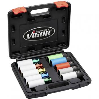Juego de llaves de vaso de impacto VIGOR V6312/10, cuadrado hueco 1/2 pulgadas (12,5 mm), perfil de hexágono exterior, perfil especial híbrido de tornillos de rueda, número