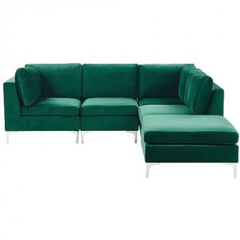 Sofá Esquinero Modular Izquierdo de Terciopelo Verde 4 Plazas con Otomana y Patas de Metal Plateado Evja