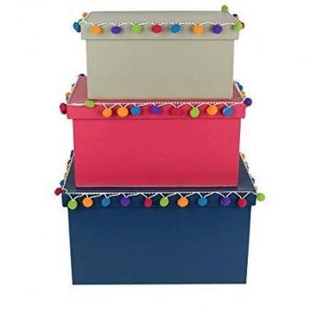 Cajas Rectangulares con Pompones de Colores Baba el Lama (Juego de 3)