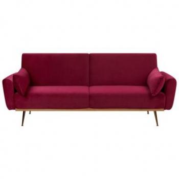 Sofá Cama de Terciopelo Rojo Oscuro 3 Plazas con Patas de Metal y Cojines Adicionales Eina