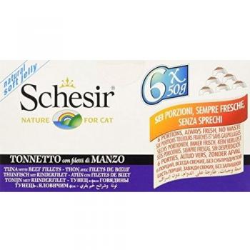 Schesir - Comida humeda para gatos, atún con filetes de ternera, Pack de 6 x 50 gr