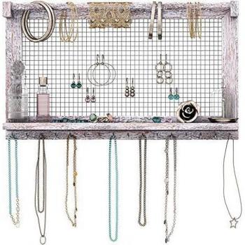 Comfify Organizador de Joyas rústicas - Montado en Pared Organizador de Joyas con extraíble Pulsera Rod y 16 Ganchos Pendientes, Collar y Porta Pulseras - Blancos rústicos