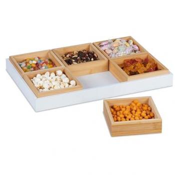 Juego de Bandejas para Aperitivos de Bambú, Set con 6 Cuencos para Patatas, Frutos Secos y Dulces, Natural/Blanco