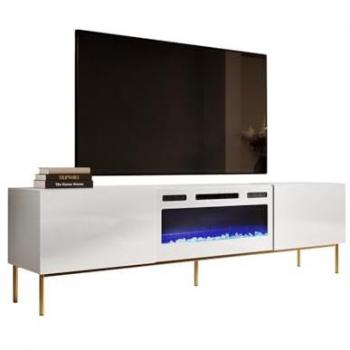 Mesa de TV Charlotte 163 con chimenea eléctrica, en blanco brillante y dorado, dimensiones 200 x 57 x 40 cm