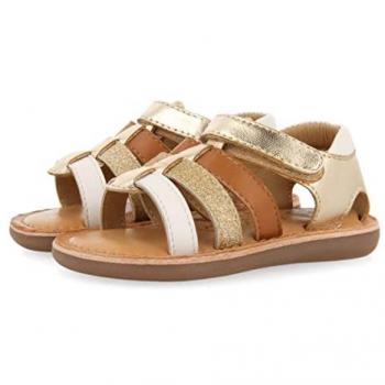 Gioseppo - Sandalias de Piel Cangrejeras Oro Niña - Talón Metalizado - Tira Ajustable - Plantilla Acolchada