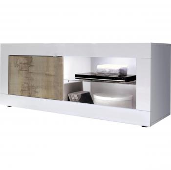 Mueble de TV Basic 140 cm con 1 puerta y 2 estantes de cristal, acabado blanco brillante y moderno