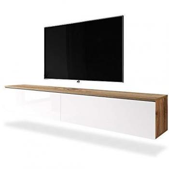 Mueble de TV Selsey Kane - 180 cm - Roble Wotan / Blanco Brillo - Moderno y Colgante/De Pie